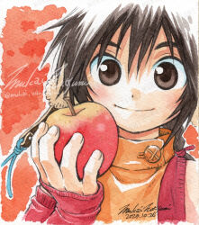Rule 34 | +anima, apple, braid, brown eyes, brown hair, child, detached sleeves, dot nose, food, fruit, hair between eyes, hand up, holding, holding food, holding fruit, layered clothes, medium hair, mukai natsumi, official art, orange sweater, painting (medium), portrait, red background, red shirt, red sleeves, shirt, side braid, signature, simple background, sleeves past wrists, smile, solo, sweater, traditional media, turtleneck, watercolor (medium), watermark