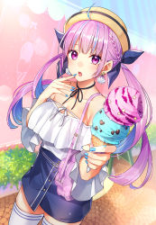 Rule 34 | 1girl, ahoge, bag, bare shoulders, blue nails, blue skirt, braid, breasts, choker, cleavage, collarbone, cowboy shot, earrings, food, hair ribbon, hand up, handbag, hat, high-waist skirt, highres, holding, hololive, ice cream, jewelry, kitazume kumie, long hair, looking at viewer, medium breasts, minato aqua, miniskirt, multicolored hair, nail polish, off-shoulder shirt, off shoulder, open mouth, purple eyes, purple hair, ribbon, shirt, skindentation, skirt, solo, streaked hair, sunlight, thighhighs, twintails, virtual youtuber, white shirt, white thighhighs, zettai ryouiki