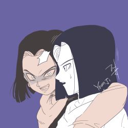 Rule 34 | 2boys, android, android 17, arm on another&#039;s shoulder, bandana, black hair, clone, coat, dark persona, dragon ball, dragon ball gt, dragonball z, earrings, evil, greyscale, hell fighter 17, highres, jacket, jewelry, male focus, medium hair, monochrome, multiple boys, neckerchief, open mouth, shirt, short hair, sweat, sweatdrop, t-shirt, upper body, user pkav2242
