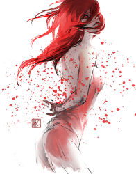 Rule 34 | 1girl, long hair, monochrome, paparaya, red eyes, red hair, signature, solo, spot color, tongue, white background