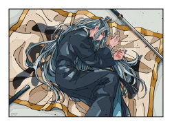 Rule 34 | 1boy, black robe, blanket, feet out of frame, grey hair, hands up, lanxi zhen, long hair, long sleeves, looking at viewer, otjmohu, profile, robe, solo, sword, luo xiaohei zhanji, very long hair, weapon, wuxian (the legend of luoxiaohei)