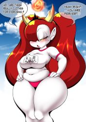 Rule 34 | 1girl, belly, blush, breasts, buruma, cocco (cocco1192), colored skin, curvy, day, demon horns, embarrassed, frozencocco, gym shirt, gym uniform, hair over one eye, hands on own hips, hekapoo, highres, horns, large breasts, legs, long hair, looking at viewer, monster girl, name tag, navel, one eye covered, open mouth, orange hair, plump, pointy ears, pov, red buruma, red hair, shirt, short sleeves, solo, star vs the forces of evil, thick thighs, thighs, tiara, translation request, twintails, uniform, white shirt, white skin, wide hips