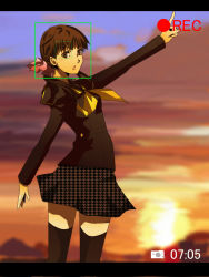 Rule 34 | 1girl, aged up, atlus, bad id, bad pixiv id, black thighhighs, border, bow, brown eyes, brown hair, doujima nanako, hair bow, highres, houndstooth, letterboxed, persona, persona 4, pointing, recording, school uniform, short twintails, solo, thighhighs, twintails, unmoving pattern, viewfinder, yuzucchi, zettai ryouiki