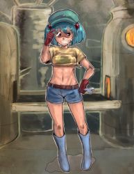 Rule 34 | 1girl, alternate costume, belt, blue eyes, blue hair, boots, dirty, glasses, gloves, grin, hair bobbles, hair ornament, hand on own hip, hat, kawashiro nitori, matching hair/eyes, midriff, mirino, rubber boots, short hair, short twintails, shorts, smile, solo, toned, touhou, twintails, two side up, wrench