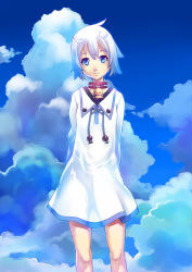 Rule 34 | arms behind back, bad id, bad pixiv id, bell, blue eyes, cloud, collar, day, dress, kunieda, neck bell, original, short hair, sky, solo, standing, white hair
