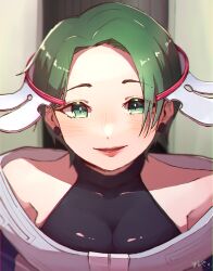 Rule 34 | 1girl, bare shoulders, closed mouth, dress, gnosia, green eyes, green hair, lipstick, looking at viewer, makeup, short hair, sleeveless, sleeveless dress, smile, solo, stella (gnosia), upper body, user mtgd3735
