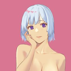Rule 34 | 1girl, ak-12 (girls&#039; frontline), blue hair, breasts, cleavage, closed mouth, collarbone, drawing, female focus, girls&#039; frontline, hand on own head, highres, lips, looking at viewer, nude, purple background, purple eyes, short hair, simple background, solo, talnory