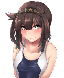 Rule 34 | 1girl, absurdres, aqua eyes, bare arms, black headband, blue one-piece swimsuit, blush, breasts, brown hair, closed mouth, clothes writing, collarbone, competition swimsuit, embarrassed, hachimaki, hair flaps, hairband, hatsuzuki (kancolle), headband, highres, kantai collection, kiritto, lips, looking at viewer, one-piece swimsuit, shiny skin, short hair, simple background, small breasts, solo, sweatdrop, swimsuit, two-tone swimsuit, upper body, wet, white background, white one-piece swimsuit