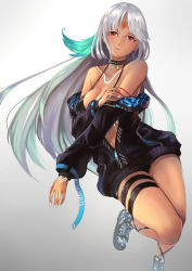 Rule 34 | 1girl, azur lane, bare shoulders, black bra, black jacket, bodypaint, bra, breasts, character name, cleavage, dark-skinned female, dark skin, facial mark, full body, gradient background, grey background, jacket, large breasts, long hair, looking at viewer, massachusetts (azur lane), nail polish, open clothes, open jacket, red eyes, sayuumigi, simple background, solo, thigh strap, thighs, underwear, very long hair, white hair, white nails, zipper