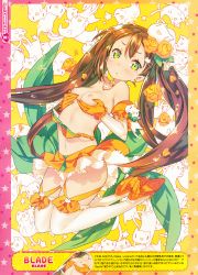 Rule 34 | 1girl, absurdres, animal, bare shoulders, blade (galaxist), blush, border, breast hold, breast lift, breasts, brown hair, cat, cleavage, collarbone, flower, gloves, green eyes, hair flower, hair ornament, high heels, highres, long hair, looking at viewer, nipples, orange gloves, scan, small breasts, smile, thighhighs, too many, too many cats, twintails, very long hair, wardrobe malfunction, white thighhighs