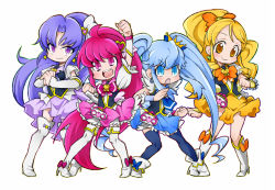 Rule 34 | 10s, 4girls, aino megumi, blonde hair, blue eyes, blue hair, blue skirt, blue thighhighs, blush, boots, bow, brooch, crown, cure fortune, cure honey, cure lovely, cure princess, earrings, eyelashes, hair ornament, hair ribbon, happinesscharge precure!, happy, heart, heart brooch, heart hair ornament, high heels, hikawa iona, jewelry, knee boots, kneehighs, looking at viewer, magical girl, multiple girls, oomori yuuko, open mouth, pink bow, pink eyes, pink hair, pink skirt, ponytail, precure, puffy sleeves, purple eyes, purple hair, purple skirt, ribbon, scythe-of-petals, shirayuki hime, shirt, simple background, skirt, smile, socks, standing, thigh boots, thighhighs, twintails, vest, white background, white legwear, wide ponytail, wrist cuffs, yellow eyes, yellow skirt, zettai ryouiki