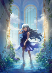 Rule 34 | 1girl, absurdres, bare arms, bare shoulders, blue dress, blue ribbon, blush, breasts, brown footwear, commentary request, day, dress, flower, full body, green eyes, grey hair, hatsuga (dmaigmai), highres, holding, holding shoes, huge filesize, long hair, looking at viewer, medium breasts, neck ribbon, original, outdoors, photoshop (medium), plant, purple flower, ribbon, shoes, unworn shoes, smile, solo, standing, wading, water