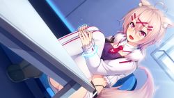 Rule 34 | 1girl, animal ears, aristear remain, astronauts, astronauts comet, blush, breasts, chair, dutch angle, game cg, indoors, jacket, kiryuu koma, kokusan moyashi, legs, long sleeves, looking away, open mouth, pink hair, red eyes, restrained, rozea, shoes, short hair, sitting, skirt, small breasts, solo, table, tail, thighhighs, thighs, window