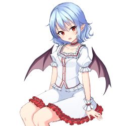 Rule 34 | 1girl, absurdres, bat wings, blouse, blue hair, collarbone, fang, highres, junior27016, miniskirt, open mouth, pointy ears, puffy short sleeves, puffy sleeves, red eyes, remilia scarlet, shirt, short sleeves, sitting, skirt, skirt set, solo, touhou, white shirt, white skirt, wings