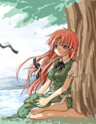Rule 34 | 1girl, against tree, braid, china dress, chinese clothes, dress, embodiment of scarlet devil, female focus, hat, unworn hat, unworn headwear, holding, holding clothes, holding hat, hong meiling, long hair, lowres, red hair, seiza, sitting, solo, touhou, tree