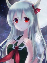 Rule 34 | 1girl, bad id, bad pixiv id, breasts, dress, ex-keine, face, female focus, full moon, gem, hand on own chest, hands on own chest, horn ornament, horn ribbon, horns, kamishirasawa keine, light particles, long hair, moon, night, night sky, nunucco, open mouth, red eyes, ribbon, silver hair, sky, solo, touhou