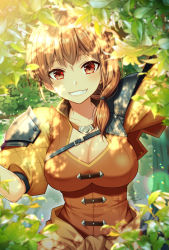 Rule 34 | 1girl, :d, armor, artist name, blush, breasts, brown hair, cleavage, clothes around waist, collarbone, commentary request, dappled sunlight, day, fire emblem, fire emblem: three houses, grin, hair over shoulder, highres, impossible clothes, impossible shirt, large breasts, leonie pinelli, lips, looking at viewer, low ponytail, nintendo, open mouth, orange shirt, puffy short sleeves, puffy sleeves, red eyes, sakura tsubame, shirt, short hair, short sleeves, shoulder armor, smile, solo, sunlight, teeth, upper body