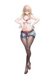 Rule 34 | 1girl, absurdres, black pantyhose, blonde hair, blue shorts, breasts, crop top, eyebrows hidden by hair, feet, full body, green eyes, gridman universe, highres, legs, long hair, looking at viewer, medium breasts, minami yume, navel, nils, no shoes, panties, panties over pantyhose, pantyhose, pantyhose under shorts, pink panties, short shorts, shorts, simple background, sleeveless, solo, ssss.dynazenon, stomach, strap pull, thighs, thong, toes, underwear, white background, wide hips