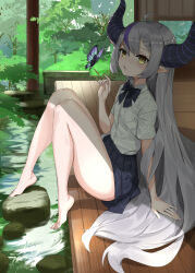 Rule 34 | 1girl, absurdres, ahoge, barefoot, black bow, black bowtie, black skirt, bow, bowtie, braid, bug, butterfly, crystal shoujo, deck (architecture), demon girl, highres, hololive, horns, insect, la+ darknesss, long hair, multicolored hair, open mouth, outdoors, pillar, pleated skirt, pointy ears, purple nails, rock, school uniform, shadow, shirt, sitting, skirt, slit pupils, solo, streaked hair, striped horns, thighs, tree, virtual youtuber, white shirt, yellow eyes