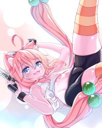 Rule 34 | 1girl, absurdres, ahoge, animal ear fluff, animal ears, armpits, arms up, asymmetrical legwear, bike shorts, black shorts, blue eyes, breasts, cat ears, cat girl, chinese commentary, clothes lift, commentary request, dual wielding, fang, gun, hair bobbles, hair ornament, handgun, highres, hinata channel, holding, legs, legs up, long hair, low twintails, mismatched legwear, navel, nekomiya hinata, open mouth, orange thighhighs, pink hair, shirt lift, short shorts, shorts, small breasts, smile, solo, striped clothes, striped thighhighs, tank top, thighhighs, thighs, twintails, very long hair, virtual youtuber, weapon, white tank top, wuhuo