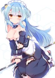 Rule 34 | 1girl, apron, aqua hair, azur lane, breasts, burnt clothes, cleavage, commentary request, detached collar, detached sleeves, eyes visible through hair, fuuna, highres, holding, holding staff, large breasts, long hair, looking at viewer, maid apron, neptune (azur lane), one side up, orange eyes, sidelocks, simple background, solo, staff, standing, standing on one leg, torn clothes, white background