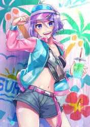 Rule 34 | 1girl, :d, adjusting clothes, adjusting headwear, blue eyes, drink, earrings, fence, floral print, hat, highres, holding, holding drink, jacket, jewelry, kishinaito, midriff, navel, open mouth, original, palm tree print, purple hair, short shorts, shorts, smile, solo, sports bra, standing, visor cap, wooden fence