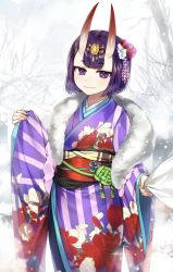 Rule 34 | 1girl, bob cut, cowboy shot, fang, fang out, fate/grand order, fate (series), floral print, gijang, hair ornament, headpiece, horns, japanese clothes, kimono, looking at viewer, obi, oni, outdoors, purple eyes, purple hair, sash, short eyebrows, short hair, shuten douji (fate), skin-covered horns, snowing, solo, standing, wide sleeves