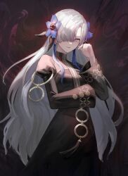 Rule 34 | 1girl, abstract background, absurdres, alternate color, black dress, blue flower, blue hair, dress, enn400, flower, grey eyes, grey hair, hair flower, hair ornament, hair over one eye, highres, isekai joucho, kamitsubaki studio, long hair, long sleeves, looking at viewer, multicolored hair, parted lips, solo, two-tone hair, very long hair, virtual youtuber