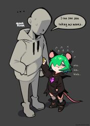 Rule 34 | 1boy, 1girl, animal ears, black background, blue eyes, blush, coin, crystal, faceless, faceless male, flustered, full body, green hair, hand in pocket, highres, hood, hood down, hoodie, jewelry, looking at another, looking to the side, mouse ears, mouse girl, mouse tail, necklace, original, pickpocket, queekchan, shadow, shoes, simple background, socks, standing, sweatdrop, tail, theft