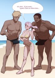 Rule 34 | 1girl, 2boys, absurdres, beach, bikini, black clover, blush, breasts, bulge, closed eyes, dark-skinned male, dark skin, english text, erection, erection under clothes, grey hair, highres, imminent penetration, large breasts, multiple boys, noelle silva, size difference, speech bubble, swimsuit, text focus, twintails, wjs07
