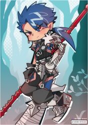 Rule 34 | 1boy, armor, artist name, belt, black belt, blue hair, closed mouth, cu chulainn (fate), cu chulainn (fate) (all), cu chulainn (fate/prototype), dangle earrings, dated, earrings, fate/prototype, fate (series), forest, frown, full body, gauntlets, highres, holding, holding polearm, holding weapon, jewelry, long hair, maewenmitzuki, male focus, nature, outdoors, panty &amp; stocking with garterbelt, parody, pointy ears, polearm, ponytail, red eyes, solo, style parody, weapon