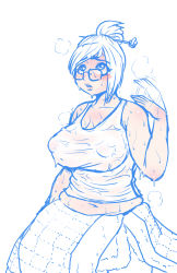 Rule 34 | 1girl, belly, blush, breasts, fanning self, glasses, hair bun, large breasts, mei (overwatch), monochrome, overwatch, overwatch 1, plump, single hair bun, skg, solo, stomach, sweat, tank top, upper body, wet, wet clothes