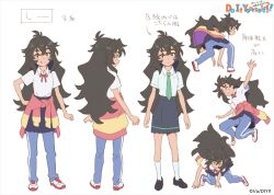 Rule 34 | 1girl, :q, artist request, black eyes, black footwear, black hair, black skirt, blue pants, character sheet, check artist, copyright name, copyright notice, do it yourself!!, flat color, full body, green necktie, kouki kokoro, loafers, long hair, looking at viewer, matsuo yuusuke, messy hair, multiple views, necktie, official art, pants, pleated skirt, school uniform, shirt, shirt tucked in, shoes, short sleeves, simple background, skirt, sneakers, split mouth, standing, tongue, tongue out, turnaround, very long hair, white background, white shirt