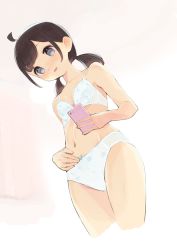Rule 34 | 1girl, absurdres, ahoge, bare shoulders, blue eyes, blush, bow, bow panties, bra, brown hair, cellphone, cowboy shot, cropped legs, dutch angle, female focus, highres, holding, holding phone, hyakumangoku masurao, lingerie, looking down, low twintails, navel, open mouth, original, panties, phone, pink background, print bra, print panties, short hair, simple background, smartphone, solo, swept bangs, twintails, underwear, underwear only