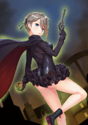 Rule 34 | 1girl, ange (princess principal), ass, black cape, black footwear, black gloves, blue eyes, boots, braid, breasts, brown hair, cape, cavorite ball, cloud, dance of eternity, dutch angle, from side, fur collar, gloves, gun, hair between eyes, handgun, highres, holding, holding gun, holding weapon, house, medium breasts, night, outdoors, parted lips, princess principal, revolver, sky, smoke, solo, trigger discipline, weapon