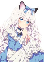 Rule 34 | 1girl, animal ear fluff, animal ears, apron, blue bow, blue dress, blue eyes, blush, bow, cat ears, closed mouth, commentary request, dress, frilled apron, frills, hair bow, hands up, highres, knees up, long hair, long sleeves, looking at viewer, mamyouda, original, puffy long sleeves, puffy sleeves, simple background, solo, very long hair, white apron, white background, white hair
