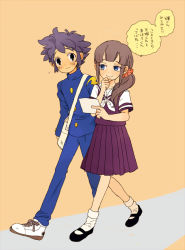 1boy 1girl blue_eyes hair_over_shoulder inazuma_eleven inazuma_eleven_(series) inazuma_eleven_go kageyama_hikaru kousaka_yukie long_hair purple_hair school_uniform serafuku short_hair side_ponytail smile tmrn walking