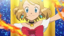 Rule 34 | 1girl, aqua eyes, black choker, blonde hair, blush, bow, choker, closed mouth, collarbone, creatures (company), earrings, eyelashes, fire, game freak, idol, jewelry, looking at viewer, medium hair, mixed-language commentary, nintendo, noelia ponce, off-shoulder shirt, off shoulder, pokemon, pokemon (anime), pokemon xy (anime), red bow, serena (pokemon), shirt, smile, solo, upper body, watermark, white shirt