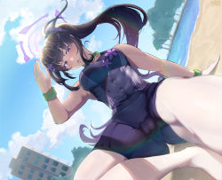 Rule 34 | 1girl, abs, arm support, arm up, black hair, blue archive, breasts, choker, covered navel, flower, hair flower, hair ornament, hair scrunchie, looking at viewer, mikichika, muscular, muscular female, open mouth, outdoors, ponytail, purple eyes, scrunchie, shorts, sitting, sky, solo, sumire (blue archive), sweatband, swimsuit