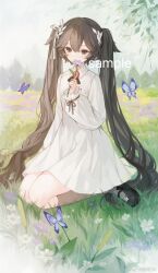 Rule 34 | 1girl, black footwear, blue butterfly, blue sky, brown eyes, brown hair, brown ribbon, bug, butterfly, chinese commentary, closed mouth, collared dress, commentary request, daichengqi, day, dress, eyelashes, field, flower, flower field, food, forest, frilled sleeves, frills, fruit, full body, hair ribbon, highres, holding, holding flower, insect, kneeling, laurel crown, long hair, long sleeves, looking at viewer, mary janes, nature, neck ribbon, original, outdoors, puffy long sleeves, puffy sleeves, purple flower, ribbon, ribbon-trimmed footwear, sample watermark, shoes, short dress, sky, sleeve ribbon, smile, socks, solo, strawberry, strawberry slice, twintails, very long hair, watermark, weibo logo, weibo watermark, white dress, white flower, white ribbon, white socks