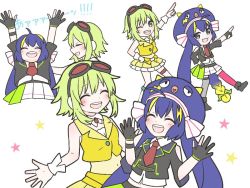 Rule 34 | 2girls, arm up, asymmetrical legwear, black gloves, black jacket, black legwear, blouse, blue hair, boots, braid, closed eyes, commentary, crop top, dancing, eel hat, gloves, green eyes, green hair, gumi, index finger raised, jacket, knee boots, large hat, long hair, low-braided long hair, low-tied long hair, miniskirt, mismatched legwear, multiple girls, multiple views, orange shirt, otomachi una, otomachi una (spicy), partially fingerless gloves, pink legwear, pleated skirt, red goggles, shirt, short hair, skc, skirt, thigh strap, thighhighs, translated, twintails, very long hair, vocaloid, white background, yellow skirt