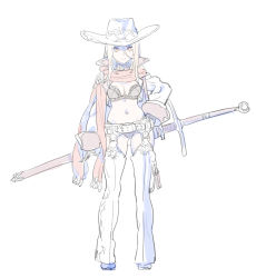 Rule 34 | 1girl, belt, bikini, boots, breasts, closed mouth, cowboy hat, enkyo yuuichirou, full body, hair between eyes, hand on own hip, hat, highres, large breasts, long hair, long sleeves, long sword, looking at viewer, navel, open pants, orange eyes, orange scarf, original, pale color, pants, revealing clothes, scabbard, scarf, sheath, sheathed, shrug (clothing), simple background, solo, standing, swimsuit, sword, weapon, white background