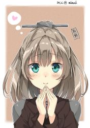 Rule 34 | 10s, 1girl, aqua eyes, bad id, bad twitter id, blush, brown hair, hair ornament, heart, highres, kantai collection, kumano (kancolle), long hair, looking at viewer, nishimi shin, ponytail, school uniform, simple background, smile, solo, spoken heart, thought bubble, twitter username, upper body