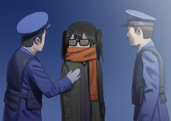 Rule 34 | 1girl, 2boys, arrest, black hair, blue background, brown hair, faceless, frown, hands in pockets, jacket, kantai collection, long sleeves, misumi (niku-kyu), multiple boys, night battle idiot, orange scarf, police, police uniform, policeman, scarf, scarf over mouth, sendai (kancolle), standing, sunglasses, twintails, uniform
