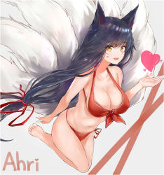 Rule 34 | 1girl, :d, ahri (league of legends), animal ears, barefoot, bikini, black hair, breasts, character name, cleavage, facial mark, fang, fox ears, fox tail, front-tie top, heart, highres, large breasts, league of legends, long hair, multiple tails, navel, open mouth, red bikini, side-tie bikini bottom, silver (chenwen), sketch, slit pupils, smile, soles, solo, swimsuit, tail, toes, whisker markings, yellow eyes