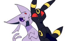 Rule 34 | animated, black eyes, colored sclera, creatures (company), espeon, fang, forehead jewel, game freak, gen 2 pokemon, honeycrud, nintendo, no humans, open mouth, pokemon, pokemon (creature), purple eyes, red sclera, simple background, smile, tagme, umbreon, video, white background