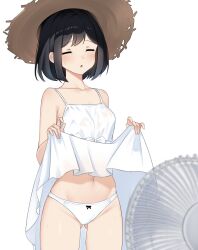 Rule 34 | 1girl, = =, absurdres, armpit crease, bare arms, bare shoulders, black hair, blush, bow, bow panties, breasts, closed eyes, clothes lift, collarbone, commentary, cowboy shot, dress, dress lift, electric fan, english commentary, fanning self, gluteal fold, hat, highres, lifted by self, medium breasts, navel, original, panties, parted lips, short hair, simple background, sleeveless, sleeveless dress, solo, standing, straw hat, sundress, sweat, underwear, white background, white dress, white panties, zero0ex