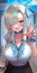 Rule 34 | 1girl, asuna (blue archive), asymmetrical bangs, blue archive, blue eyes, blue nails, blurry, blurry background, bow, bowtie, breasts, button gap, cellphone, choker, cleavage, collarbone, french kiss, hair over one eye, halo, hanato (seonoaiko), highres, kiss, large breasts, light brown hair, long hair, looking at viewer, open mouth, phone, reaching, reaching towards viewer, school uniform, shirt, shirt tucked in, sidelocks, smartphone, smile, tongue, tongue out, upper body, very long hair, white shirt