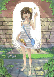 Rule 34 | 1girl, ataru (ataru squall), barefoot, brown eyes, brown hair, dress, flat chest, flower, full body, grass, open mouth, original, short hair, skirt basket, soaking feet, solo, squirrel, standing, striped clothes, striped dress, sundress, wading, water