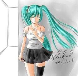 Rule 34 | 1girl, aqua eyes, aqua hair, bad id, bad pixiv id, bare shoulders, cellphone, dated, hand on own chest, hatsune miku, highres, jewelry, long hair, necklace, phone, piinaa, signature, single thighhigh, skirt, solo, tears, thighhighs, twintails, very long hair, vocaloid